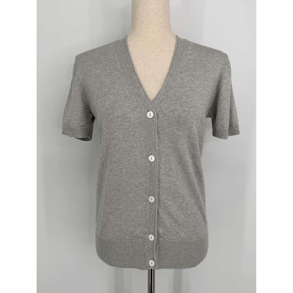 WoolOvers Short Sleeve V-Neck Cardigan Sweater Small Gray Quiet Luxury Basics